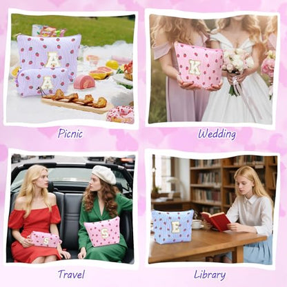 Personalized Initial Makeup Bag,Strawberry Print Preppy Cosmetic Toiletry Travel Bag,Trendy Letter Makeup Pouch for Teen Girls and Women,Holiday & Birthday Gift,2 Pack (P, Pink Strawberry) - style: P