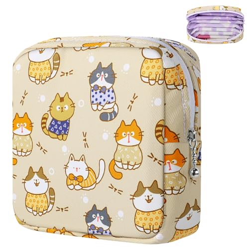 Likesing Period Bag Pouch, Canvas Sanitary Napkin Storage Bag for Girls Womens, Portable Sanitary Napkin Period Pad Pouch for Purse, Small Make Up Bags(Khaki Cat) - color: Khaki Cat