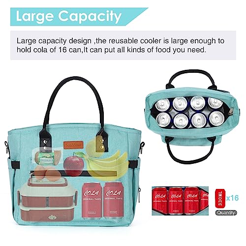 Insulated Lunch Bag for Women Men,Adult Lunch Box for Women with Adjustable Shoulder Strap,Portable Large Lunch Tote Bag for Office Work Picnic Beach,Reusable Lunch Cooler Bag - color: Aqua Green