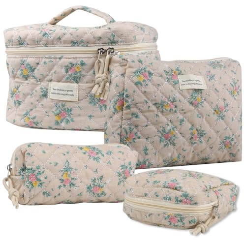 NATINSA Cute Makeup Bag for Women(2 Pcs), Travel Cosmetic Bags, Quilted Coquette Aesthetic Floral Toiletry Organizer Bag (45 - Yellow Rose/4PCS) - color: 45 - Yellow Rose/4PCS