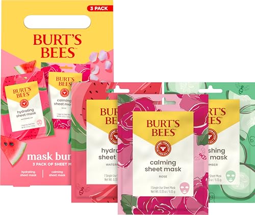 Burt's Bees Mothers Day Gifts, Face Mask Bundle Set, Hydrating Watermelon, Calming Rose, & Refreshing Cucumber, Face Sheet Masks for Single Use Skin Care, 99% Natural Origin, 3 Count, 0.33oz Each - size: 3 Count