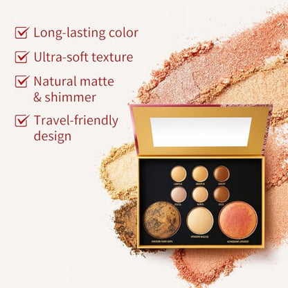 K'APEINE All-in-One Makeup Palette, 9 Colors Neutral Baked Face Kit with Eyeshadow, Blush, Highlighter & Contour | Everyday Nude Matte Shimmer Finish for Women - 01# - color: Golden Holiday (9 Colors)