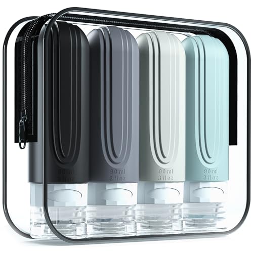 Mrsdry Travel Bottles for Toiletries, Tsa Approved 3oz Travel Size Containers BPA Free Leak Proof Refillable Liquid Silicone Squeezable Travel Accessories for Shampoo Conditioner Lotion (4 Pack) - color: Grey