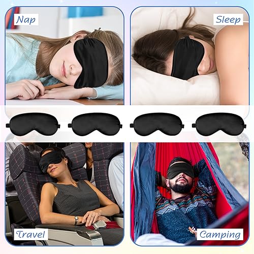 BBTO 4 Pcs Silk Sleep Eye Masks Smooth Soft Satin Eye Covers with Adjustable Strap Blindfold for Sleeping Blocking Out Lights Travel Relaxation (Black) - color: Black