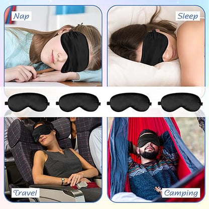 BBTO 4 Pcs Silk Sleep Eye Masks Smooth Soft Satin Eye Covers with Adjustable Strap Blindfold for Sleeping Blocking Out Lights Travel Relaxation (Black) - color: Black