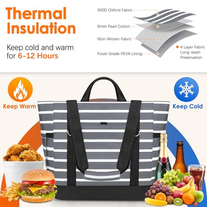 Cooler Bag Insulated, Soft Side Cooler, Reusable Grocery Bags with Zipper Closure, Thermal Leakproof Large Insulated Tote Bag for Hot/Cold Food for Grocery, Beach, Travel, Picnic - color: Gray and White