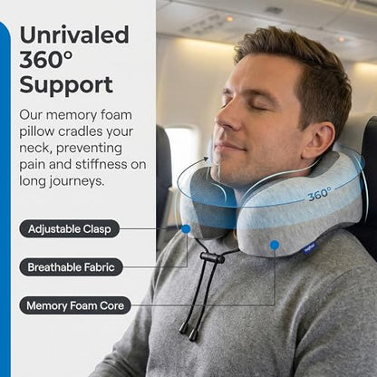 Must-Have Travel Kit Memory Foam Neck Pillow with Adjustable Fit & Removable Cover, 3D Contoured Sleep Mask, Reusable Noise-Reducing Earplugs & Storage Bag, Perfect Travel Essentials Set