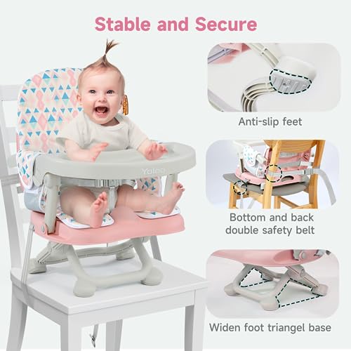 YOLEO Baby High Chair Booster Seat for Dining Table, Foldable High Chairs with Adjustable Heights, Travel Booster Seat with Removable Tray - color: Pink, size: With Cushion