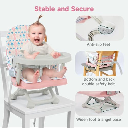 YOLEO Baby High Chair Booster Seat for Dining Table, Foldable High Chairs with Adjustable Heights, Travel Booster Seat with Removable Tray - color: Pink, size: With Cushion