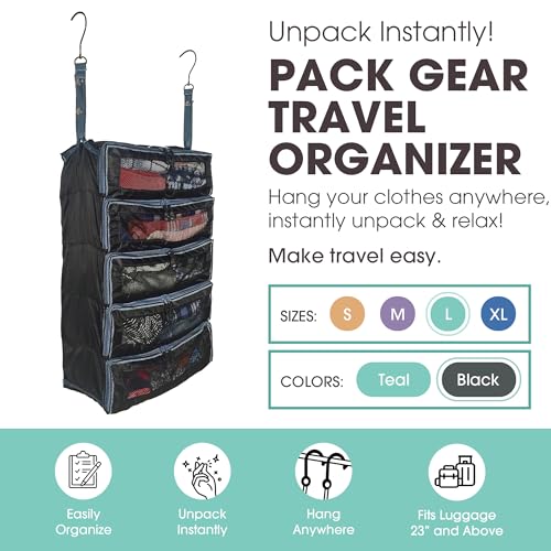 Pack Gear Hanging Suitcase Organizer - Our Large Hanging Luggage Organizer Fits Any Suitcase - Our Packing Cubes For Travel Uses Mesh Windows to Make it Easy to Find your Clothes (Black, L) - color: Black, size: Large (Check-In)