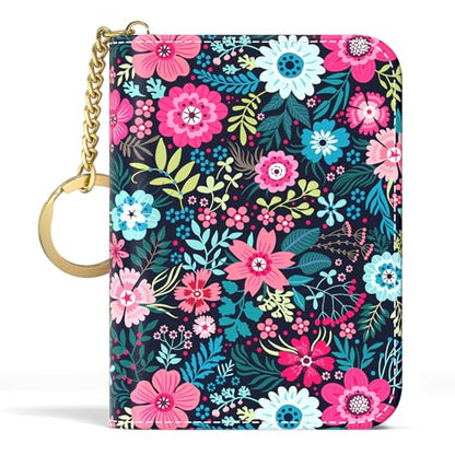 Aiawoxc Credit Card Holder, Small RFID Wallet Slim Leather Card Organizer Case with Zipper and Keychain, Elegant Flowers - color: B-Elegant Flowers, size: Keychain
