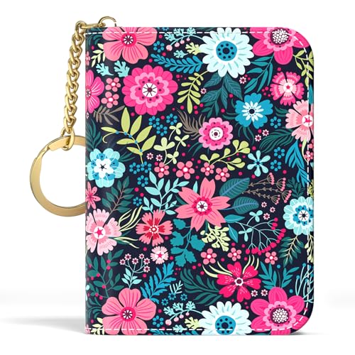 Aiawoxc Credit Card Holder, Small RFID Wallet Slim Leather Card Organizer Case with Zipper and Keychain, Elegant Flowers - color: B-Elegant Flowers, size: Keychain