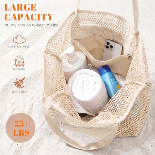 Dntorx Women's Mesh Beach Bag, Stylish Beach Tote for Swimming, Travel & Vacation Essentials, Lightweight Design for Poolside - color: Beige