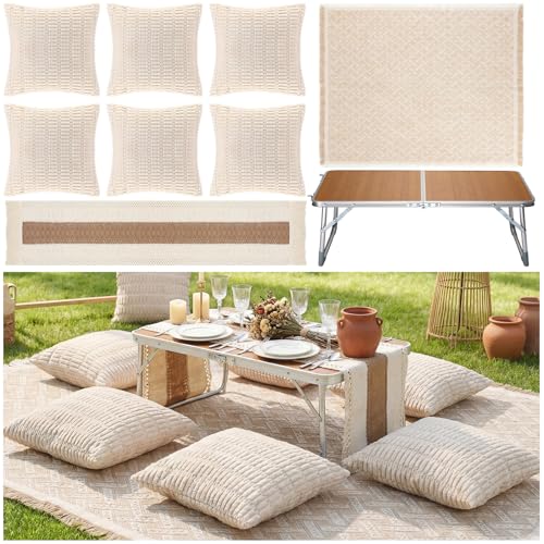 9 Pcs Extra Large Outdoor Boho Picnic Blanket 91'' x 71'' Folding Camping Table Beige White Table Runner 6 Throw Pillow with Pillow Cores Woven Cotton Yarn for Camping Garden Beach Wedding