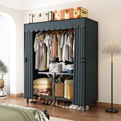 Foldable Clothes Hanger with Cover Portable Wardrobe, Metal Standing Armoire Wardrobe Clothes Rack with Gray Fabric Cover,One-Piece Folding Base,25MM Steel Tube for Bedroom - size: 39.4 x 17.7 x 66.9 inches