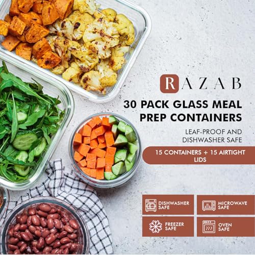 Razab 30 PC Glass Food Storage Containers with Lids - Reusable Glass Meal Prep Containers for Lunch and Leftovers - Airtight & Leakproof Snap Locking Lids - Oven, Freezer, Microwave, Dishwasher Safe - color: Pink