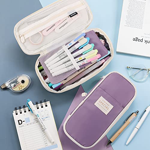MAMUNU Expandable Pencil case with compartments, Large Capacity Pencil Cases Pencil Bag Pouch Adults, Portable Pencil Case Large School Stationery Organizer, Makeup Cosmetic Bag, Purple - color: Purple