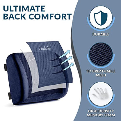 ComfiLife Lumbar Support Back Pillow Office Chair and Car Seat Cushion - Memory Foam with Adjustable Strap and Breathable 3D Mesh (Navy) - color: Navy