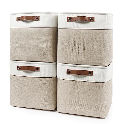 Bagnizer Collapsible Fabric Storage Cubes 11x11 Cube Storage Bins, 4 Pack Closet Baskets Box with Handles for Organizing, Shelf, Toys, Clothes, Home, Office, Nursery (Beige&White) - color: Beige / Off-White, size: Cube - 11"x11"x11"