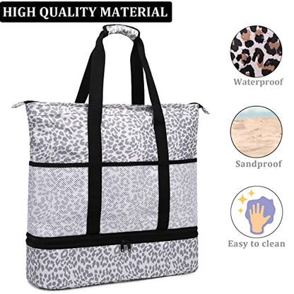 JIANYA Beach Bag Women Waterproof Sandproof Beach Tote Bags with Cooler Top Zipper Large Totes for Pool Travel Daily - color: *Leopard-3