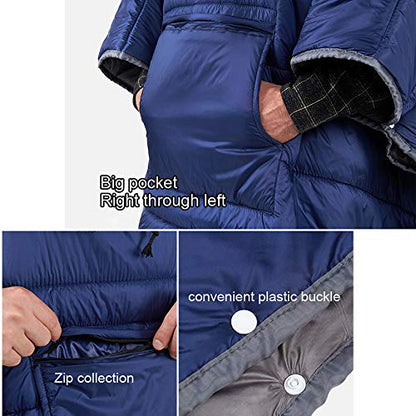 Camp Poncho Sleeping Bag Wearable Hooded Blanket - Envelope Lightweight Thermal Cloak Cape Windproof with Premium Stuff Compression Sack for Backpacking Hiking Hunting Fishing Outdoor Sport - color: Red