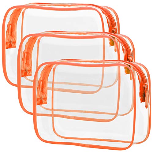 PACKISM Clear Makeup Bag with Zipper, 3 Pack Beauty Clear Cosmetic Bag TSA Approved Toiletry Bag, Travel Toiletry Bag, Quart Size Bag Carry on Airport Airline Compliant Bag, Orange - color: Orange, size: Medium Set (Standard)