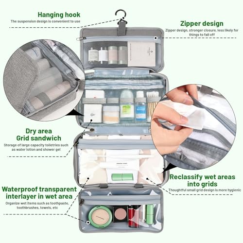 4-Layer Foldable Hanging Toiletry Bag – Large Capacity Travel Organizer with Dry-Wet Separation, Portable Toiletry Kit for 3-5 People (Grey) - color: Grey