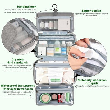 4-Layer Foldable Hanging Toiletry Bag – Large Capacity Travel Organizer with Dry-Wet Separation, Portable Toiletry Kit for 3-5 People (Grey) - color: Grey
