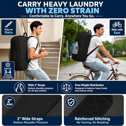 Backpack Laundry Bag Durable Polyster Laundry Backpack Bag with Shoulder Straps, Drawstring Closure & Mesh Pocket, Large Clothes Hamper for Dorm, Travel, Laundromat (Black) - color: Black