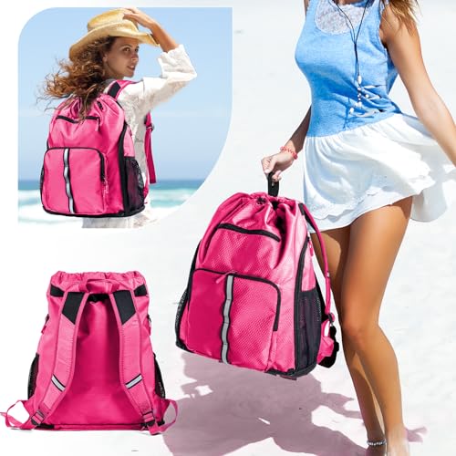 Large Beach Backpack Waterproof Sandproof - Customized Oversized Drawstring Pool Bag with Shoe Compartment for Toiletries, Towels, Gym, Travel - color: Pink