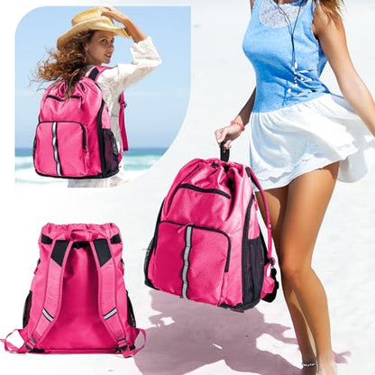 Large Beach Backpack Waterproof Sandproof - Customized Oversized Drawstring Pool Bag with Shoe Compartment for Toiletries, Towels, Gym, Travel - color: Pink