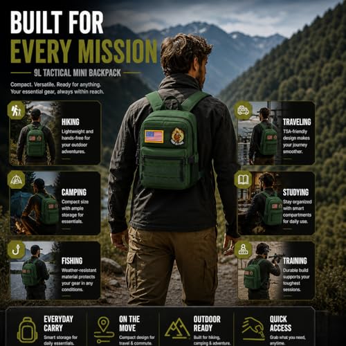 9L Mini Tactical Backpack for Men Women,Small Military Tactical Backpack for Sport,Gym,Hiking,Travel,Camping (Army Green) - color: Army Green