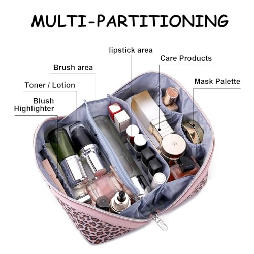 BOYATU Travel Makeup Bag Organizer: 3 Pcs Set Leopard Make up Bag for Women | Vegan Leather Cosmetic Bags with Compartments - Waterproof Toiletry Bag - 180° Open-Flat Make up Case for 3-15 Day Trips - color: 03-Pink