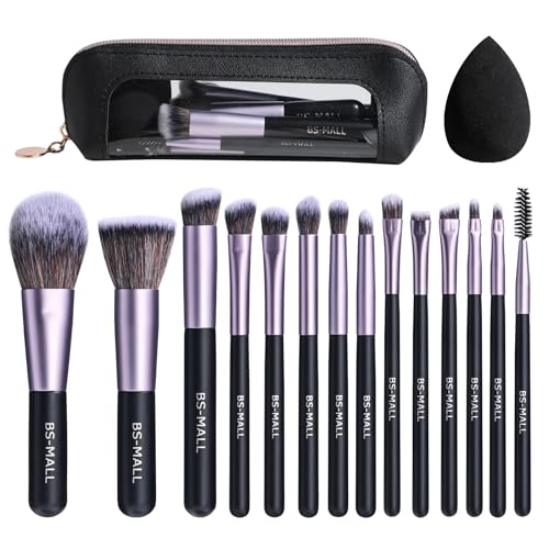 BS-MALL 14 Pcs Makeup Brushes Set with 1 Pcs Makeup Sponge – Essential Foundation Powder Concealers, Eye Shadows, Blush Makeup Brushes with Travel Makeup Case (Purple) - color: Purple