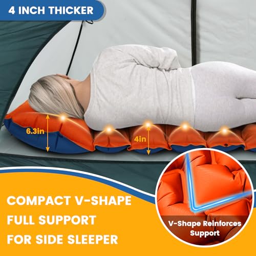 Ultralight 4-Inch Camping Sleeping Pad with Built-in Foot Pump, Inflatable Mat for Side Sleepers, Stays Inflated Overnight, Compact for Festivals, Backpacking & Car Camping - color: Orange+blue
