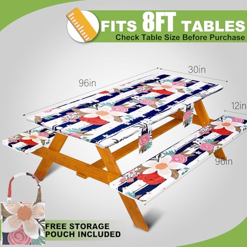Fitted Picnic Table Cover with Bench Covers Set, Waterproof Lightweight Rectangle 96in Folding Table Cloths Canopy Shade Slipcover Cool Unique Fun Camping Gift for Camper Women Men Family Rv Owners - color: Blue White Stripes Flowers, size: 96in