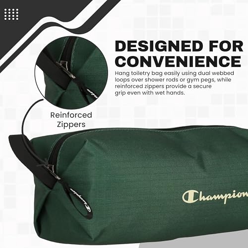 Champion - Hanging Toiletry Bag - Travel Sized Polyester Bag — Water-Resistant, Cosmetics Organizer Bag with Two Compliant Bottles - Lightweight Portable Zipped Bag for Unisex – Green- 10"x3.9"x3.9" - style: Green