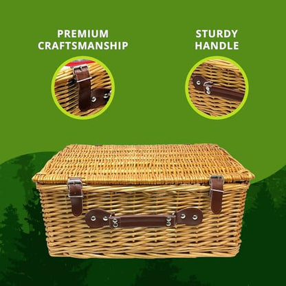 Nature Gear Picnic Basket, Wicker Basket with Handle for Outdoors, Insulated Woven Basket, Includes a Service Kit of Dinnerware & Wine Glasses, Picnic Basket Set for 4, Red & White - color: Red & White