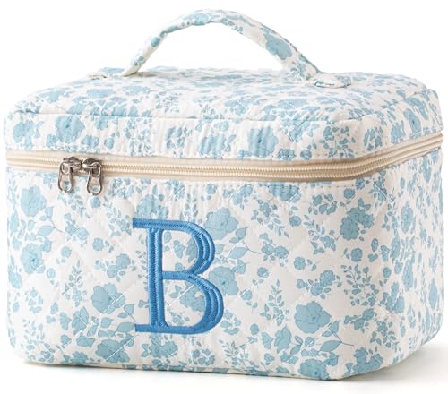 HBselect Initial Quilted Makeup Bag, Cotton Large Travel Makeup Bag, Cute Floral Coquette Make up Bag Cosmetic Bag Toiletry Bag for Women Girls B - color: 1Pc Large Blueflower, style: B
