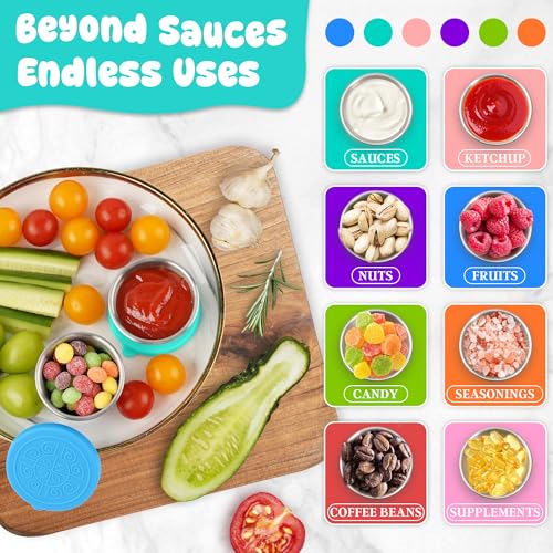 LIEMAND 6x2.7 oz Salad Dressing Container to Go, Leakproof Reusable Stainless Steel small container with lid,Sauce Containers for Lunch box,Picnics,Travel,Office and Meal Prep - color: Rainbow, size: 2.7oz