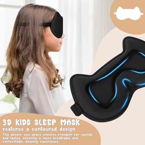 Kids Sleep Mask Eye Mask: 3D Contoured Cup Sleeping Masks, Blindfold with Adjustable Strap, Kids Eye Cover for Boys, Girls, Teens, Pressure-Free with Memory Foam Face Mask for Sleeping (Black) - color: Black