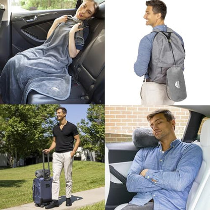 BlueHills Travel Blanket Pillow Rolled Premium Soft Plush Airplane Throw Traveling Essentials Compact in a Bag 70 X 48 inches for Long Plane Flight Portable Lightweight Grey Gray R01 - color: R01-gray