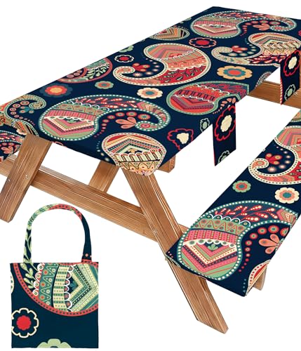 Picnic Table Cover with Bench Covers Table Cloth Tablecover Camping Essentials Camp Must Haves Camper Gear Outdoor Accessories River Water Motorhome Trailer Tent Rv Car Travel Activities Accessary Set - color: Blue Red Paisley, size: 72in