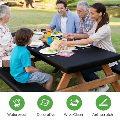 Picnic Table Cover with Bench Covers, Fitted 6ft Waterproof Tablecloth Set for Outdoor Camping & RV - Includes 1 Table Cover & 2 Bench Covers with Drawstring Storage Bag, 30"x72", Solid Black - color: Black