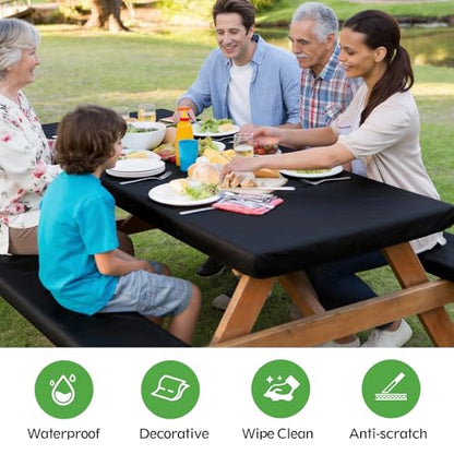 Picnic Table Cover with Bench Covers, Fitted 6ft Waterproof Tablecloth Set for Outdoor Camping & RV - Includes 1 Table Cover & 2 Bench Covers with Drawstring Storage Bag, 30"x72", Solid Black - color: Black