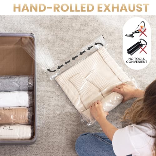 TAILI 15 Travel Compression Bags, Roll Up Space Saver Bags (5 Small+5 Medium+5 Large), Hand Roll Packing Storage Bags for Luggage, Suitcase and Cruises, No Pump or Vacuum Needed, Clear
