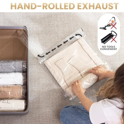 TAILI 15 Travel Compression Bags, Roll Up Space Saver Bags (5 Small+5 Medium+5 Large), Hand Roll Packing Storage Bags for Luggage, Suitcase and Cruises, No Pump or Vacuum Needed, Clear
