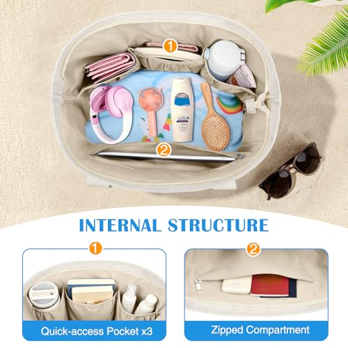 HUANLANG Large Beach Bags for Women Pool Bag with Zipper, Waterproof Sandproof Beach Tote Travel Bag with Wet Pocket - color: White