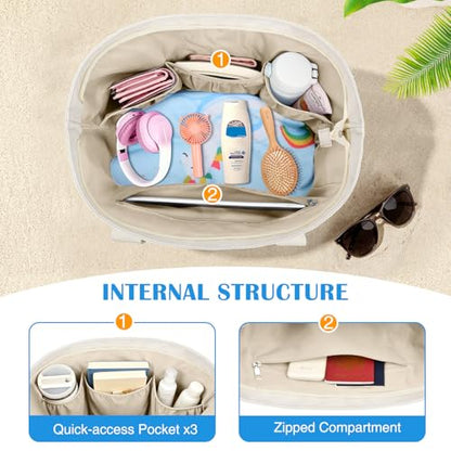 HUANLANG Large Beach Bags for Women Pool Bag with Zipper, Waterproof Sandproof Beach Tote Travel Bag with Wet Pocket - color: White