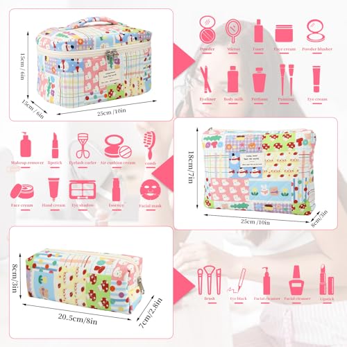 3PCS Coquette Makeup Bag,Quilted Cosmetic Bag Large Make Up Bag Set,Quilted Portable Toiletry Organizer Bag,Cotton Travel Skincare Bag for Women Girls (02-Cartoon Paradise) - style: 02-cartoon Paradise